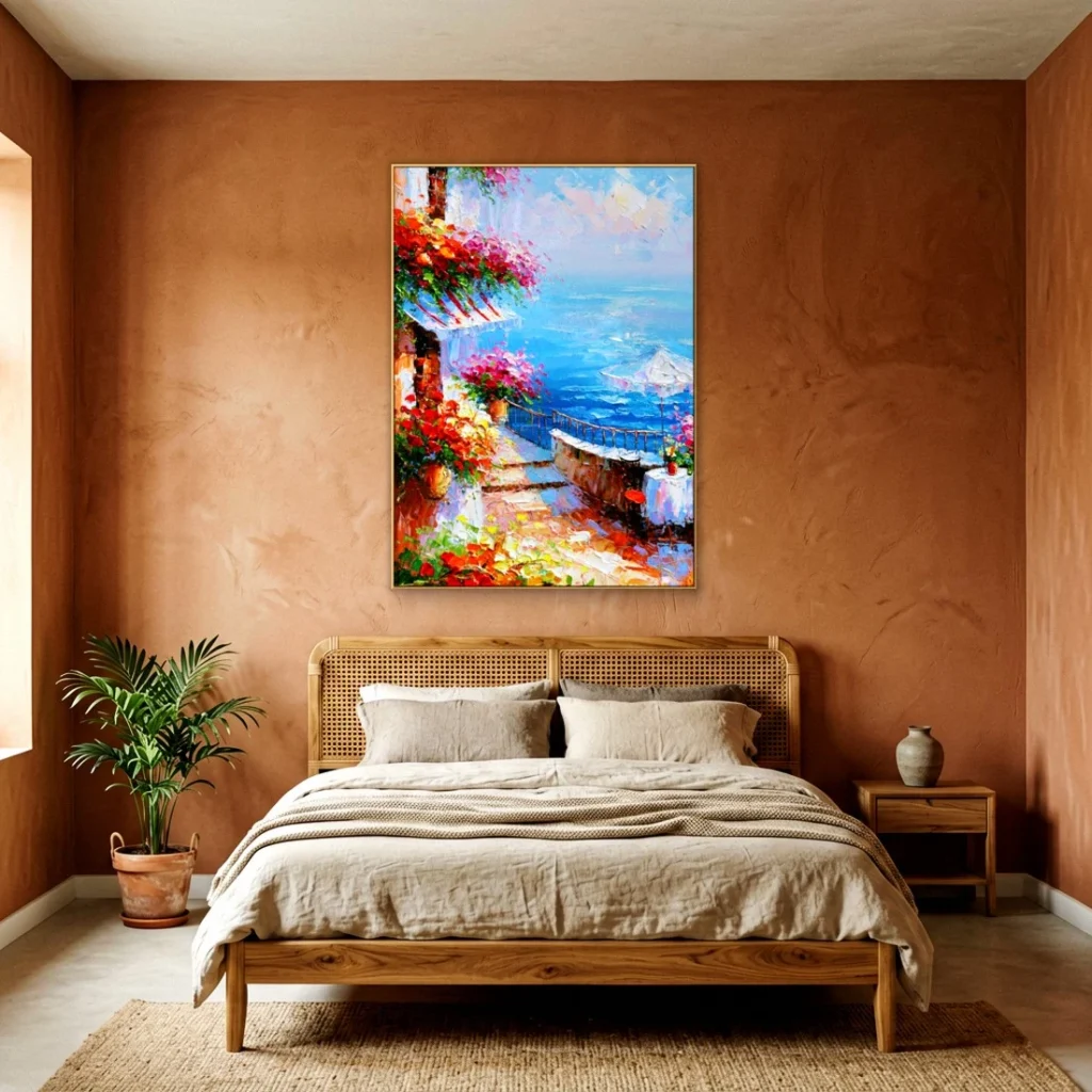 Flowering terrace above a bright sea impressionist oil in a cozy bedroom