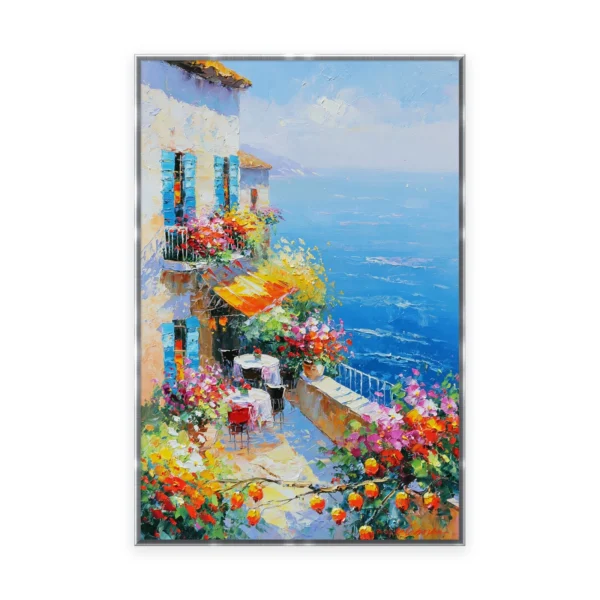 A tall vertical impressionist painting of a whitewashed seaside cafe terrace with an orange awning and flowers above a blue Mediterranean sea, in bright thick palette-knife strokes