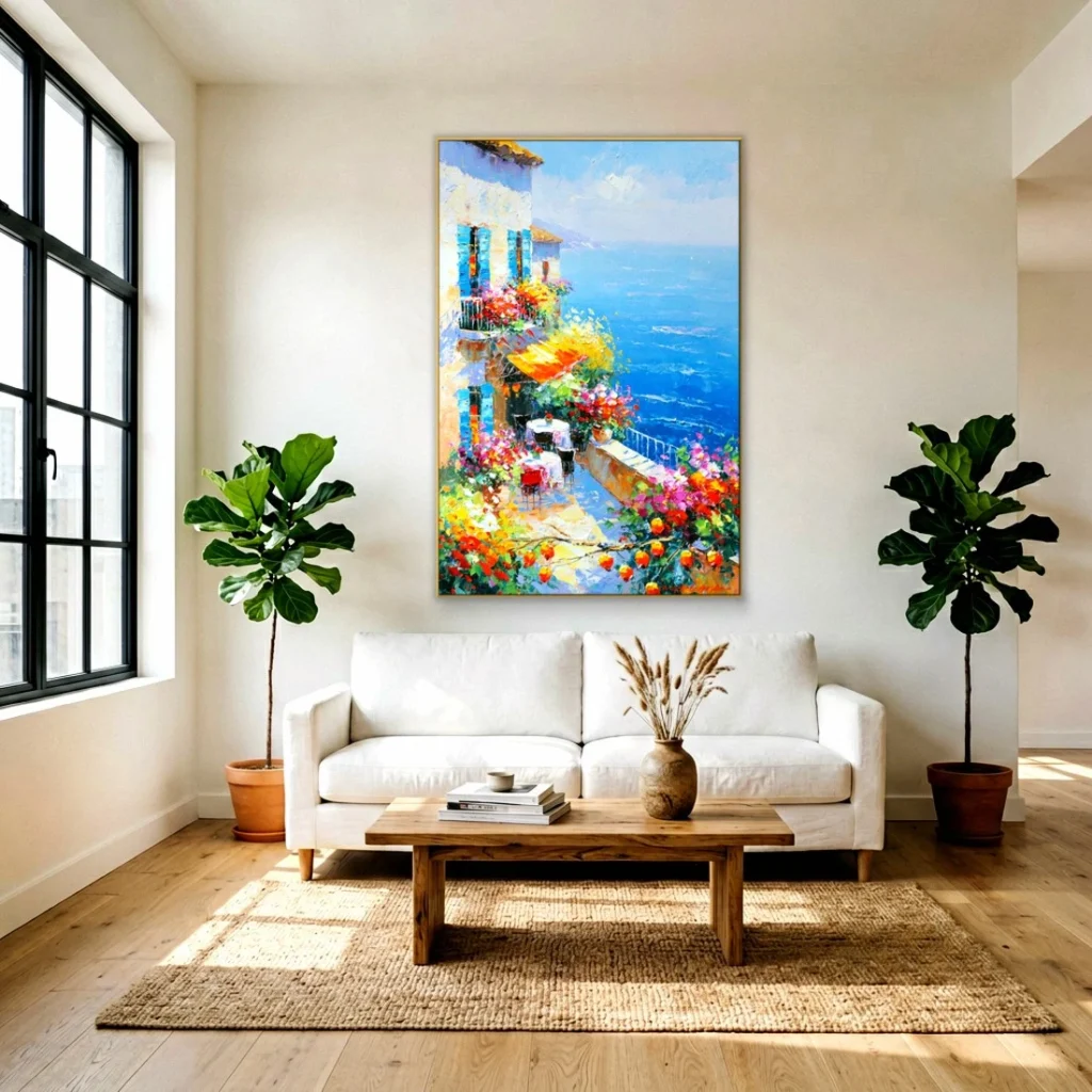 Flowering seaside cafe terrace impressionist canvas in a bright living room