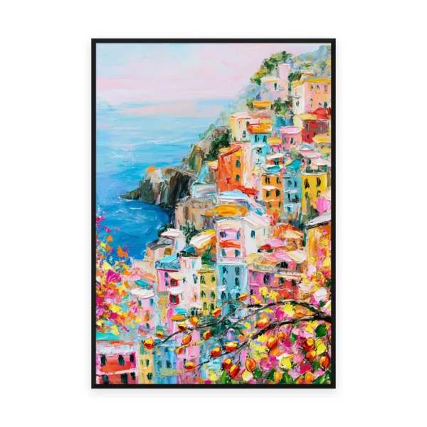 A tall vertical impressionist painting of a pastel Italian cliffside village of pink, blue and yellow houses above a blue sea, with bright flowers in thick palette-knife paint in front