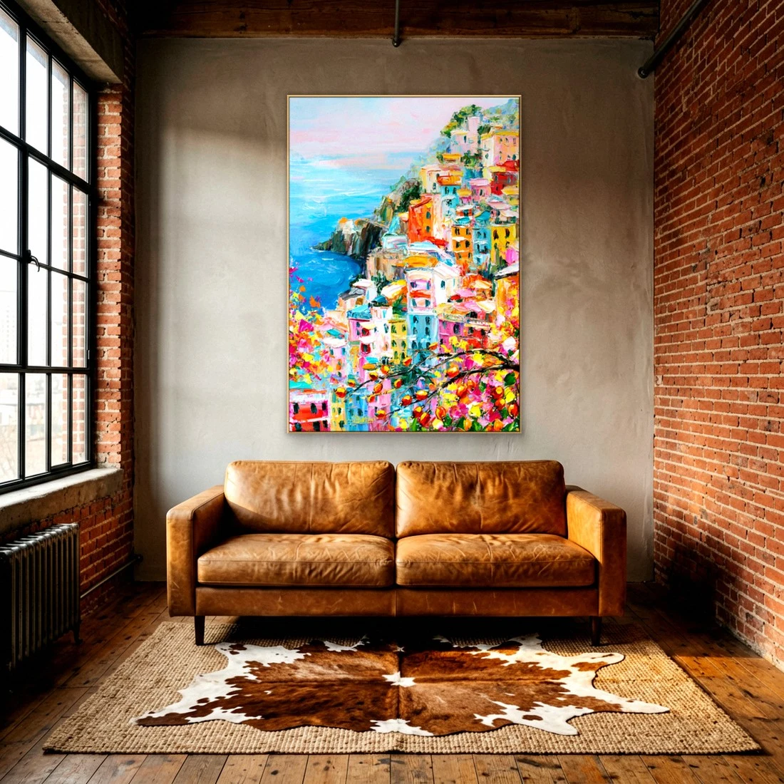 Pastel coastal village over the sea impressionist oil in an elegant living room