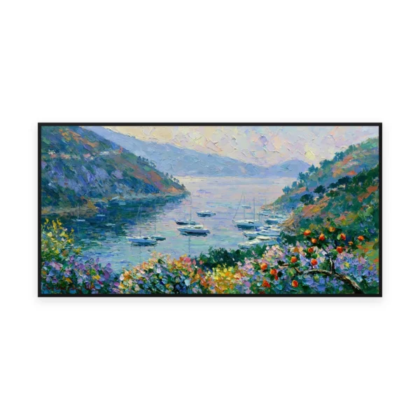 An oversized horizontal impressionist painting of moored boats in a sheltered green Mediterranean bay below soft hills, in gentle thick strokes with bright wildflowers along the foreground