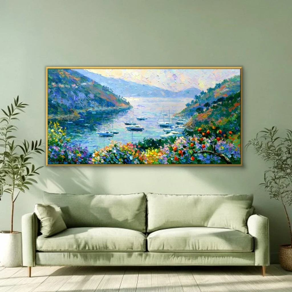 Boats in a green sheltered bay impressionist oil in a cozy living room
