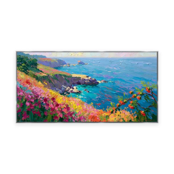 An oversized horizontal impressionist painting of magenta and gold wildflowers running along a headland above a deep blue Mediterranean sea, in bold thick palette-knife strokes