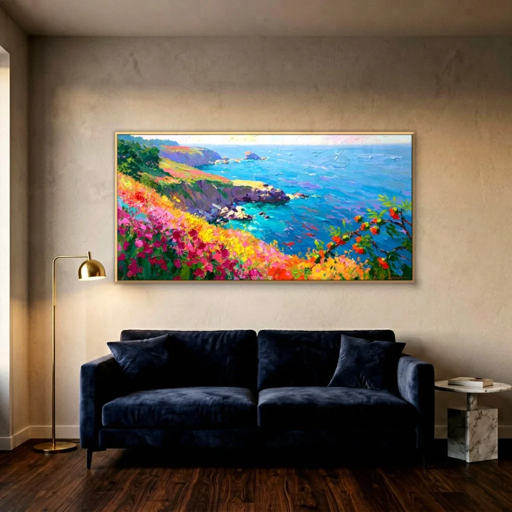 Wildflower headland over deep blue sea impressionist in a moody living room