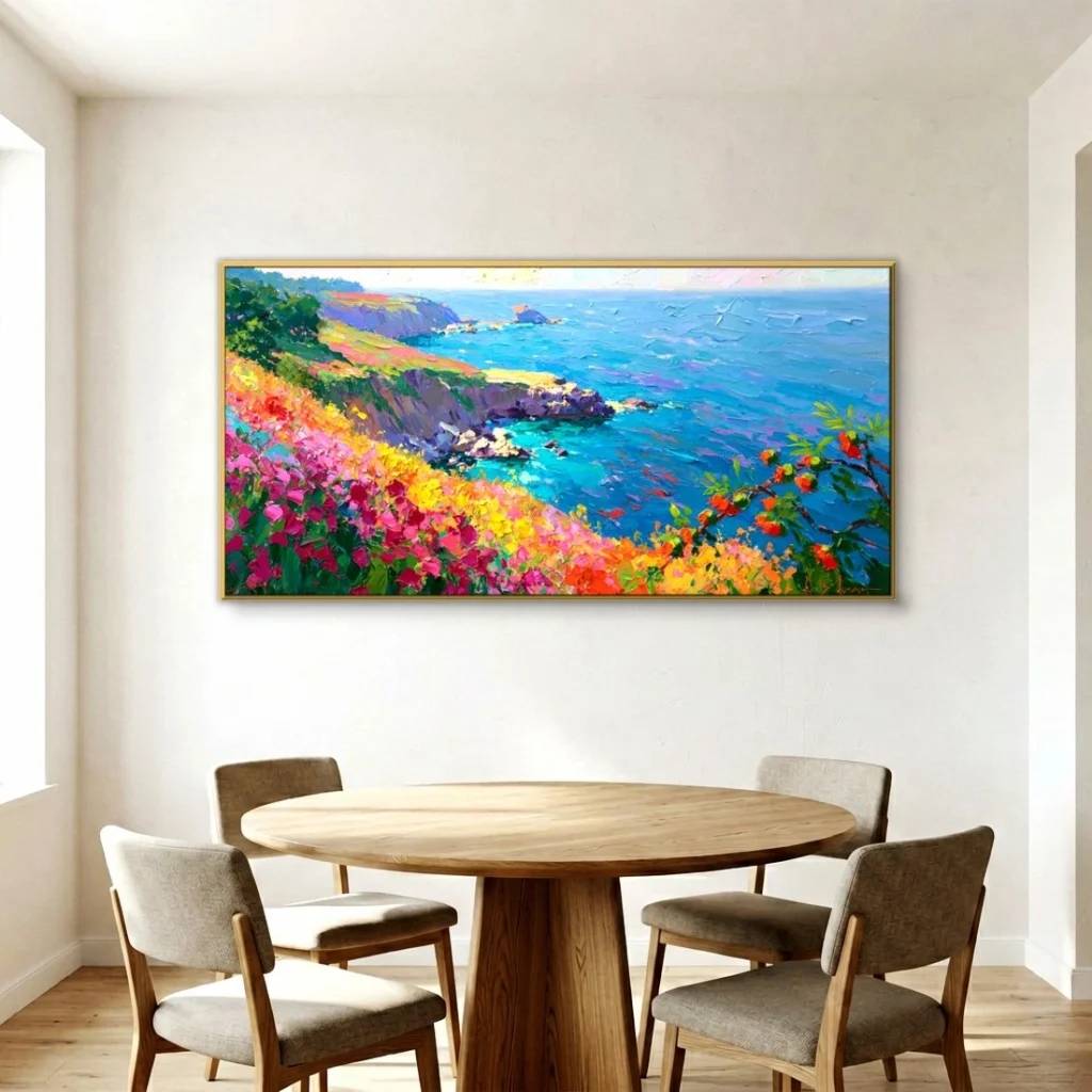 Wildflower headland over deep blue sea impressionist in a bright dining room