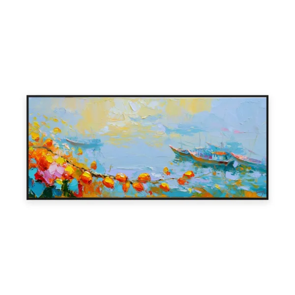 An oversized horizontal impressionist painting of a small boat on a soft misty Mediterranean bay under pale light, in gentle loose palette-knife strokes with bright flowers along the front