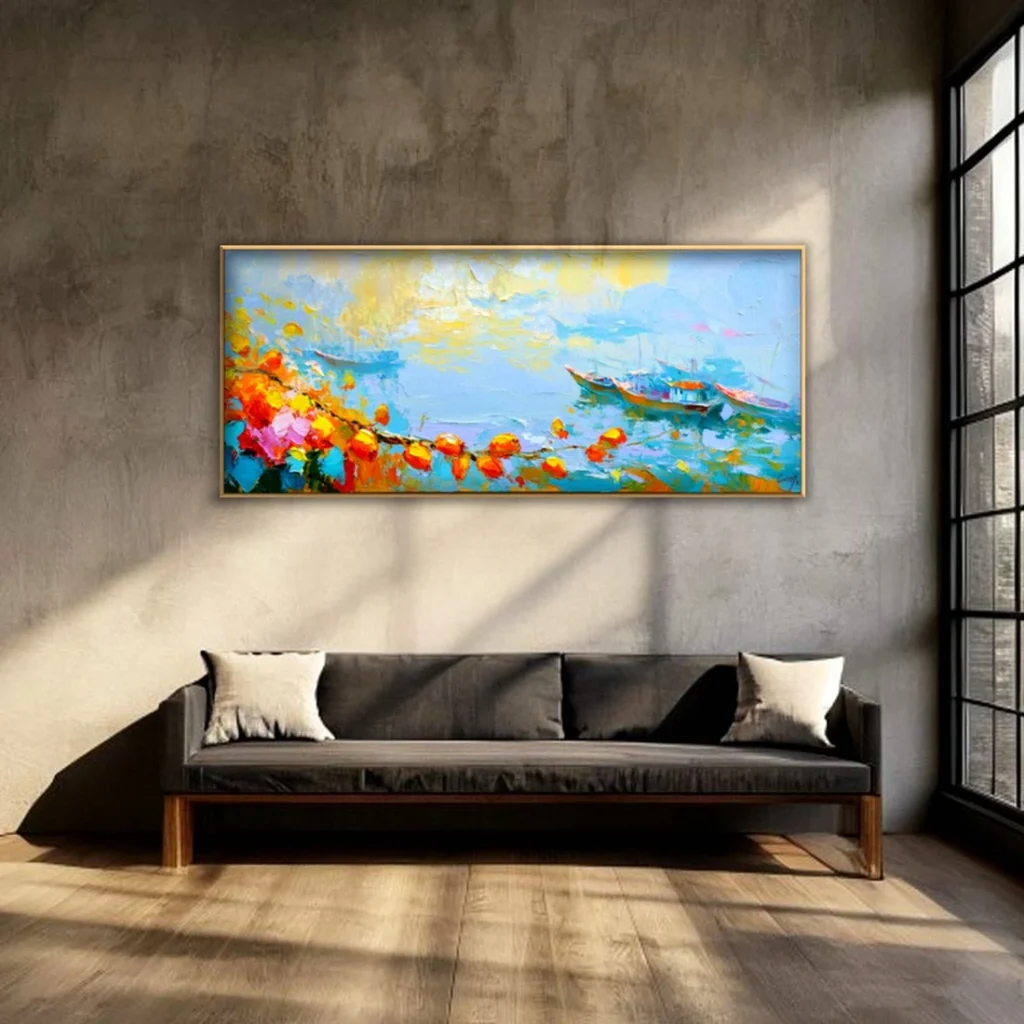 Misty calm bay with a boat impressionist seascape in a moody living room