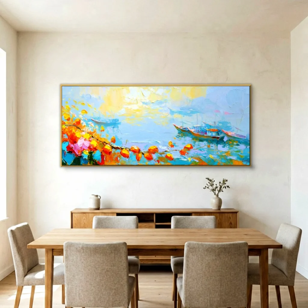 Misty calm bay with a boat impressionist seascape in a bright dining room