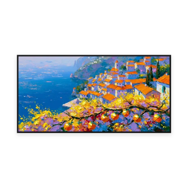 An oversized horizontal impressionist painting of an orange-roofed Mediterranean village on a sunlit cliff above a blue sea, with flowering branches in thick palette-knife paint framing the front