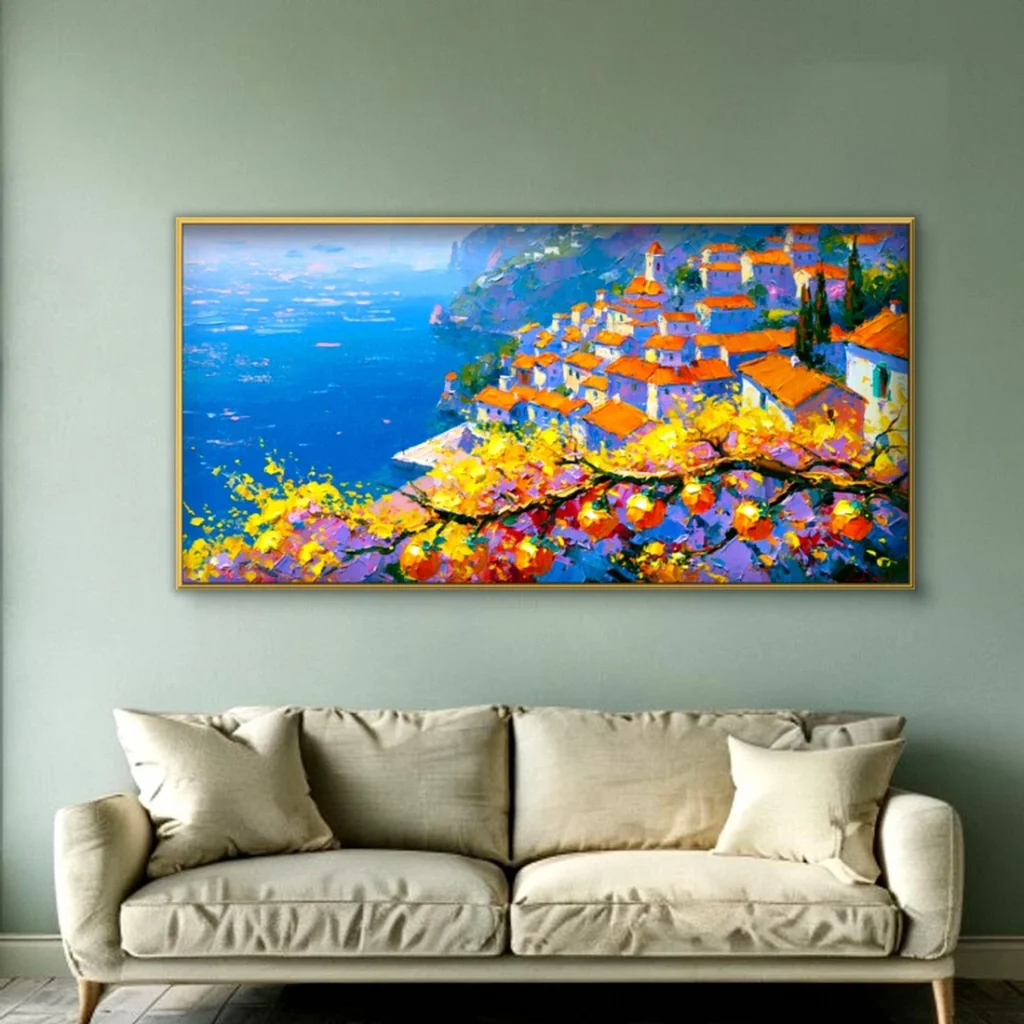 Sunlit cliff village over blue sea impressionist oil in a living room