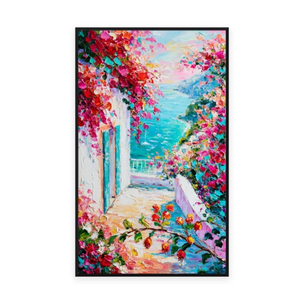 A tall vertical impressionist painting of red and pink flowers framing a whitewashed Mediterranean doorway opening onto a turquoise sea, in vivid thick palette-knife paint with bright light