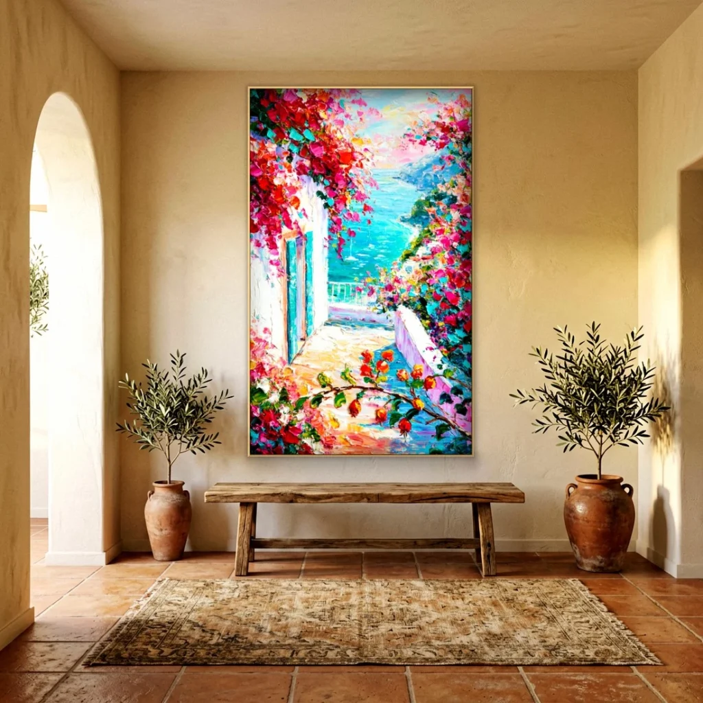 Flower-draped doorway to the sea impressionist oil in an elegant living room