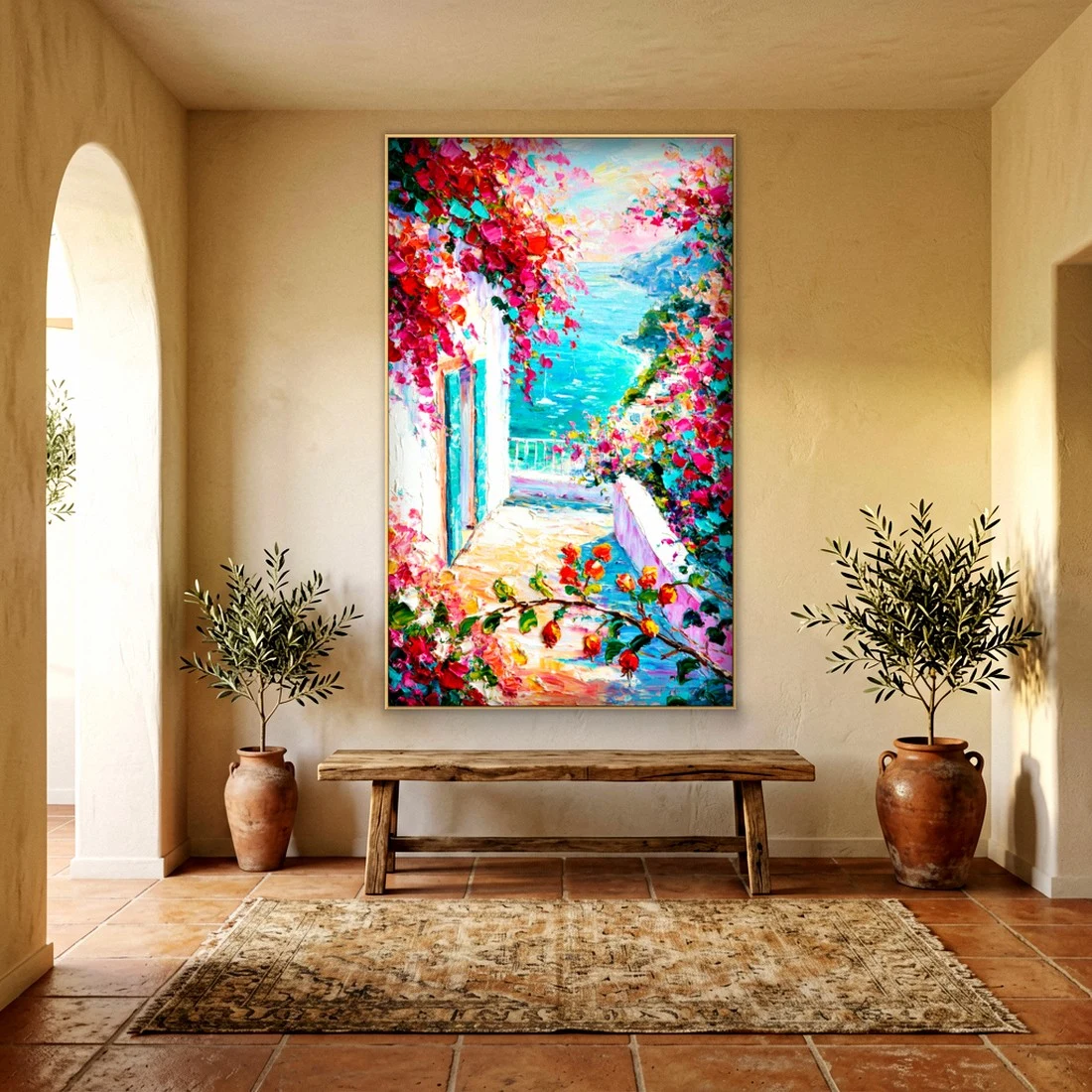 Flower-draped doorway to the sea impressionist oil in an elegant living room