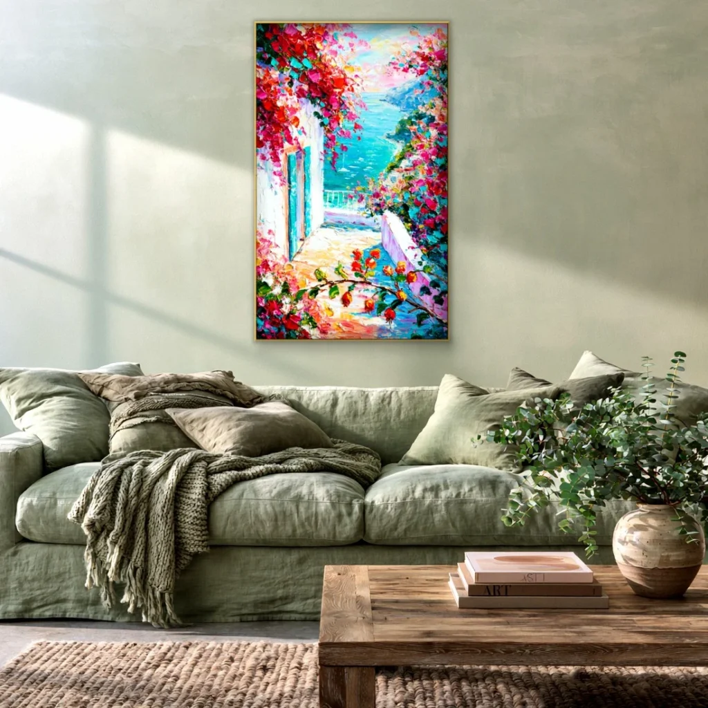 Flower-draped doorway to the sea impressionist oil in a warmly lit, styled room