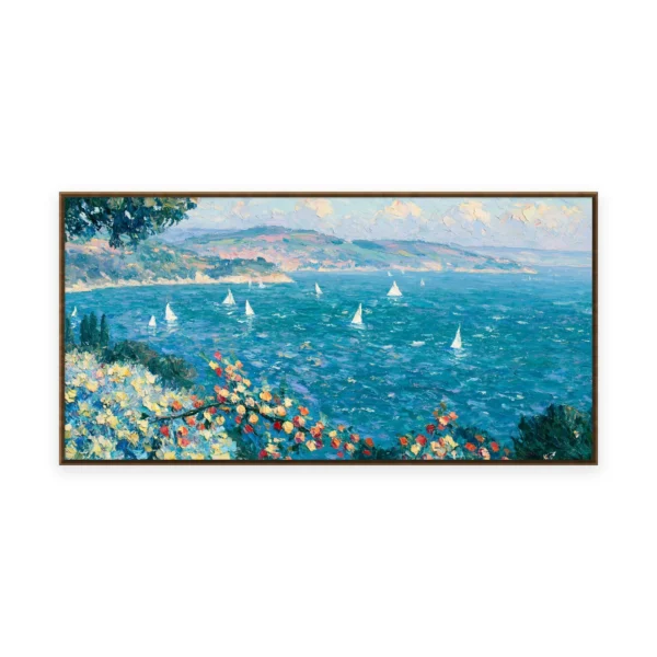An oversized horizontal impressionist painting of white sailboats on a soft blue Mediterranean bay below distant hills, in loose thick strokes with bright flowers along the foreground shore