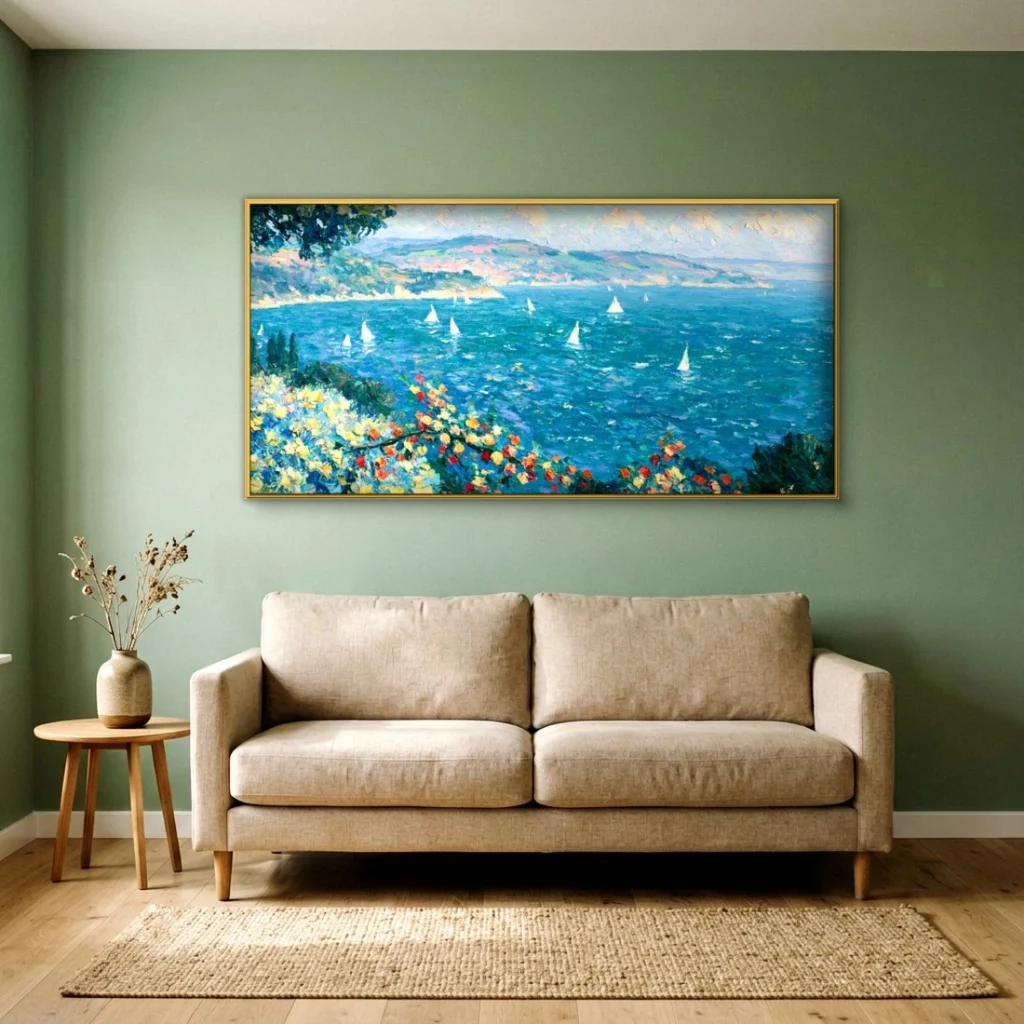 Sailboats across a soft blue bay impressionist in an elegant living room