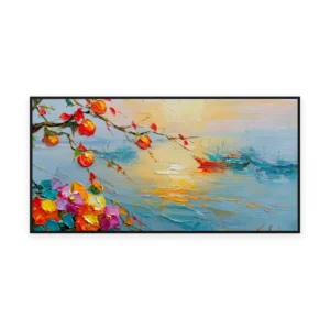 An oversized horizontal impressionist painting of orange citrus and blossom in thick palette-knife paint over a soft golden Mediterranean sea, with warm light glowing along the calm horizon