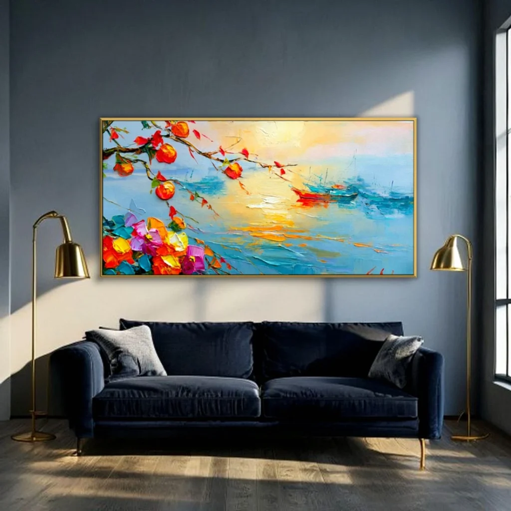 Citrus branch over a golden sea impressionist oil in a moody living room