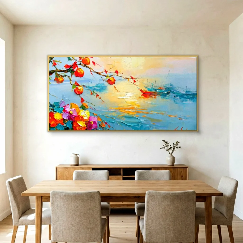 Citrus branch over a golden sea impressionist oil in a bright dining room