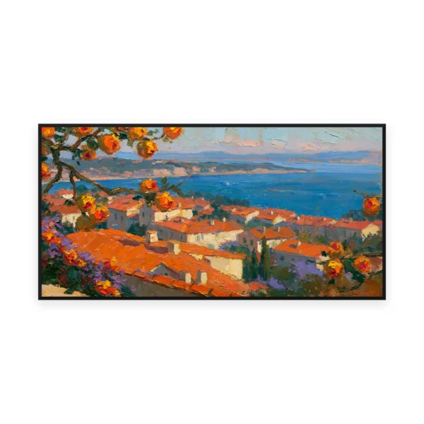 An oversized horizontal impressionist painting of clustered terracotta-roofed houses above a calm blue Mediterranean bay, in warm loose palette-knife strokes under a soft hazy sky