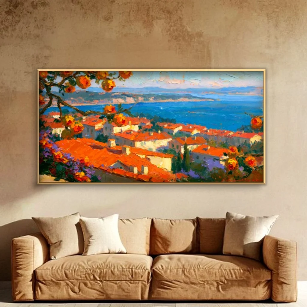 Terracotta rooftops above the bay impressionist oil in a cozy living room