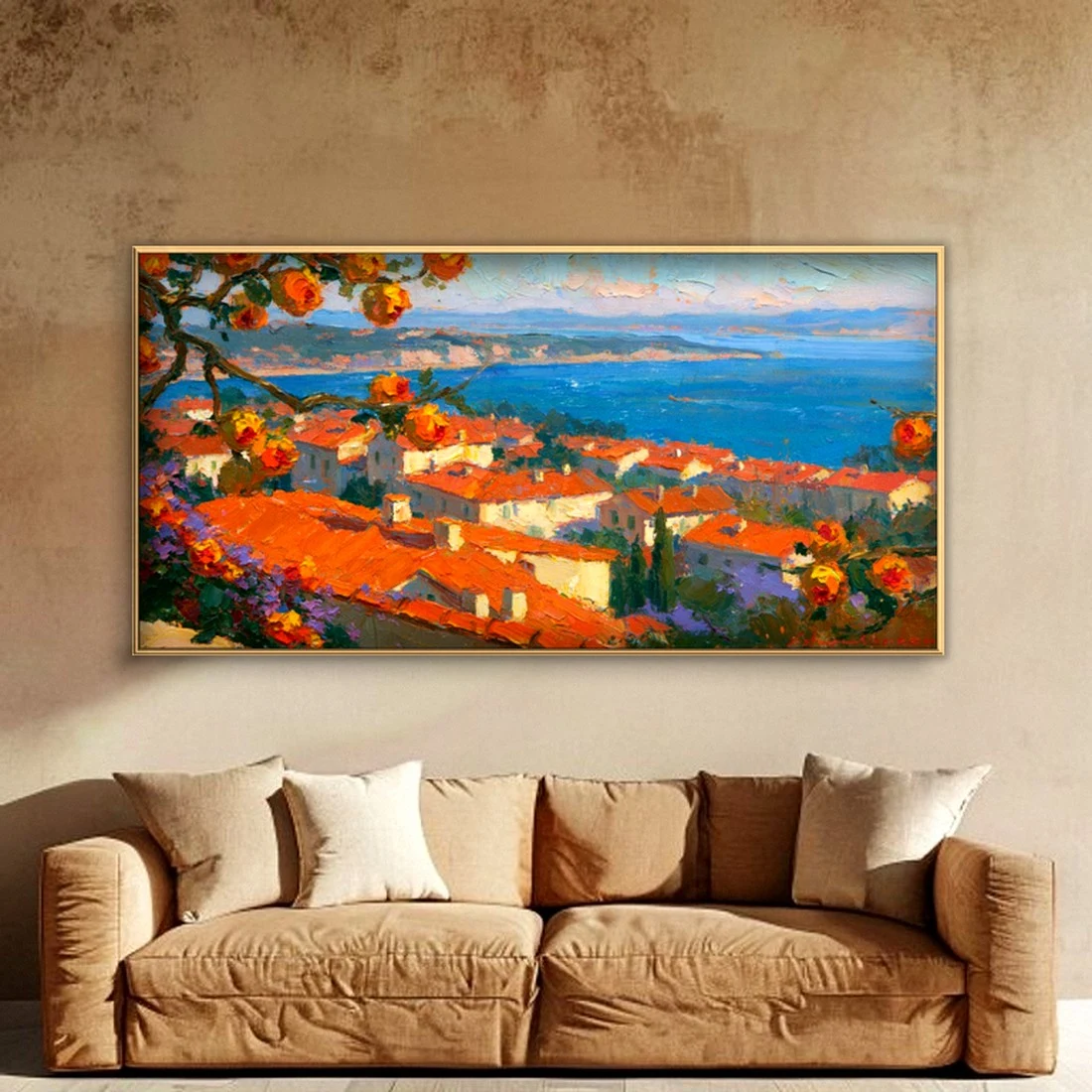 Terracotta rooftops above the bay impressionist oil in a cozy living room