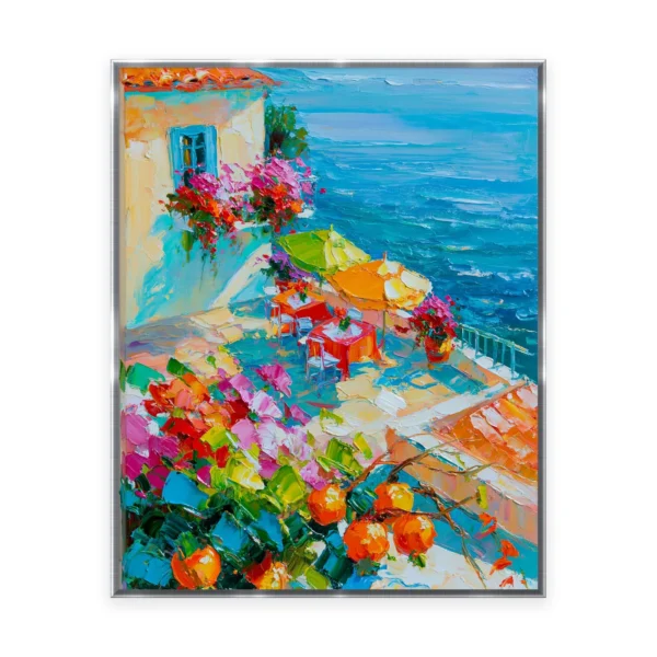 A tall vertical impressionist painting of whitewashed Mediterranean houses spilling with red and pink flowers above a bright blue sea, in vivid thick palette-knife paint with strong sunlight