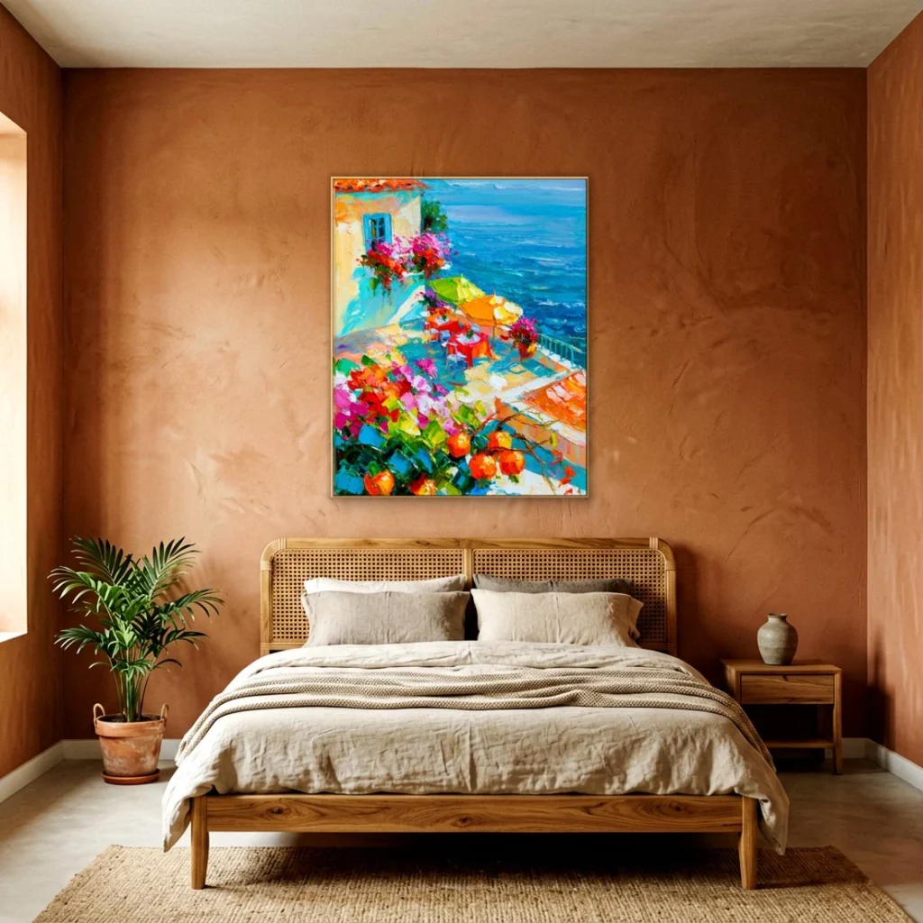 Flower-covered white village over sea impressionist in a cozy bedroom