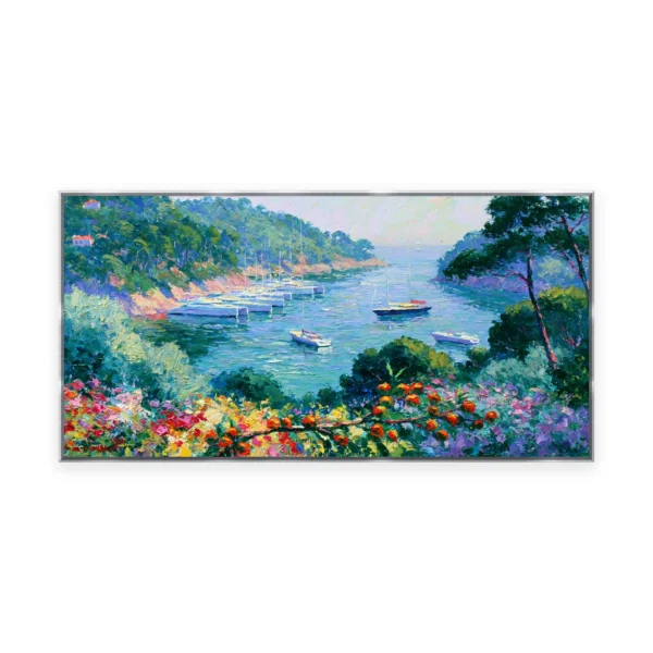 An oversized horizontal impressionist painting of moored boats in a green tree-lined Mediterranean cove below soft hills, in gentle thick strokes with bright wildflowers in the foreground