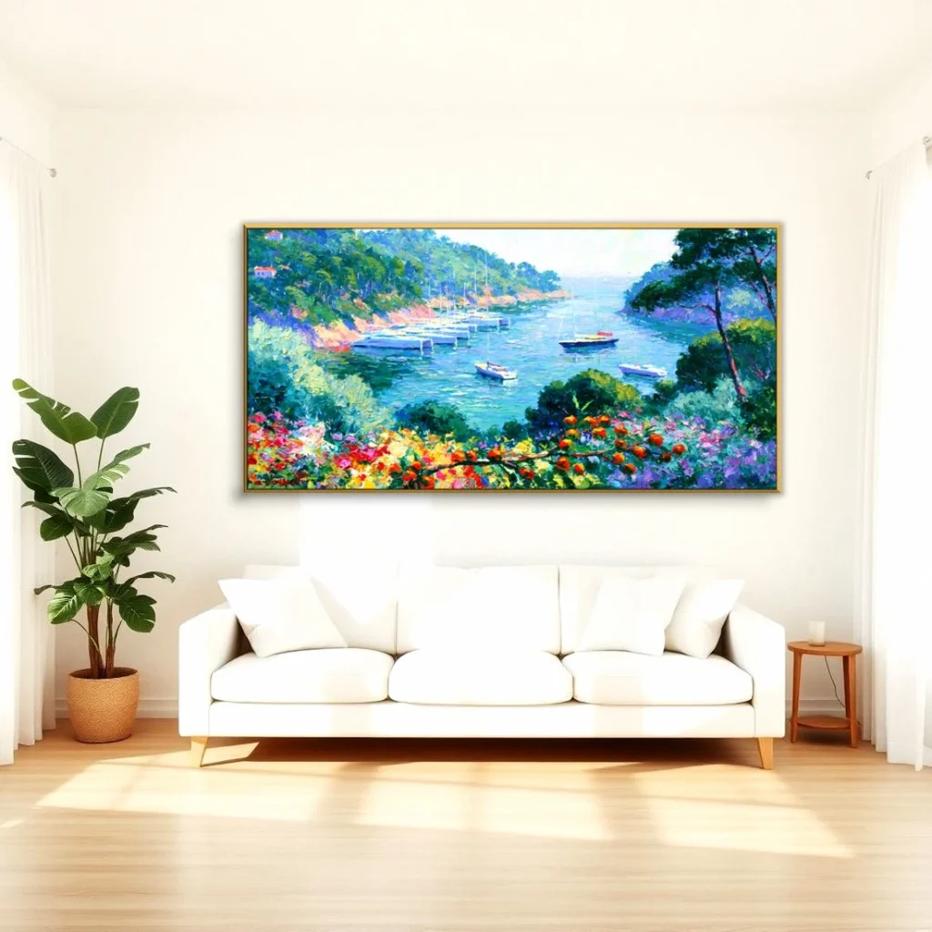 Boats in a green coastal cove impressionist oil in a bright living room