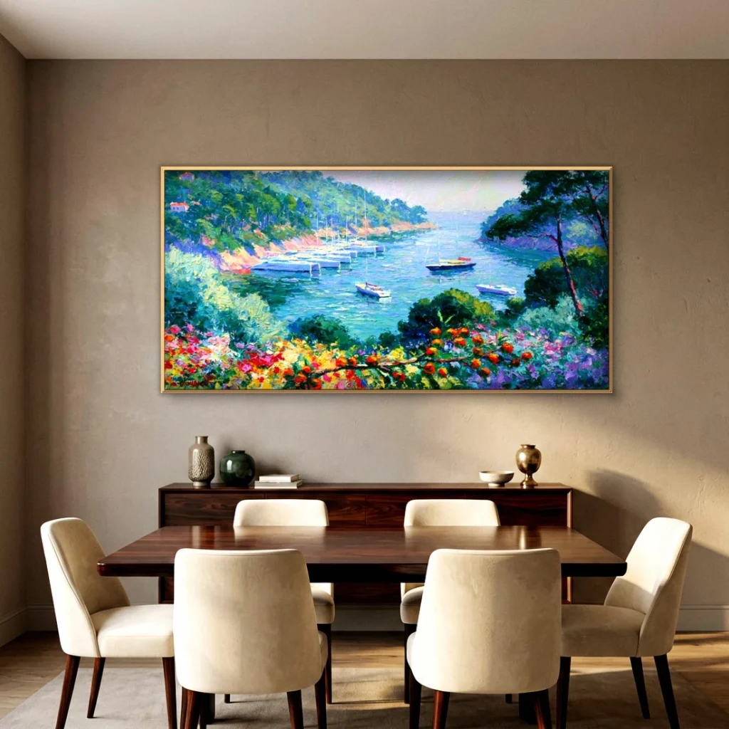 Boats in a green coastal cove impressionist oil in an elegant dining room