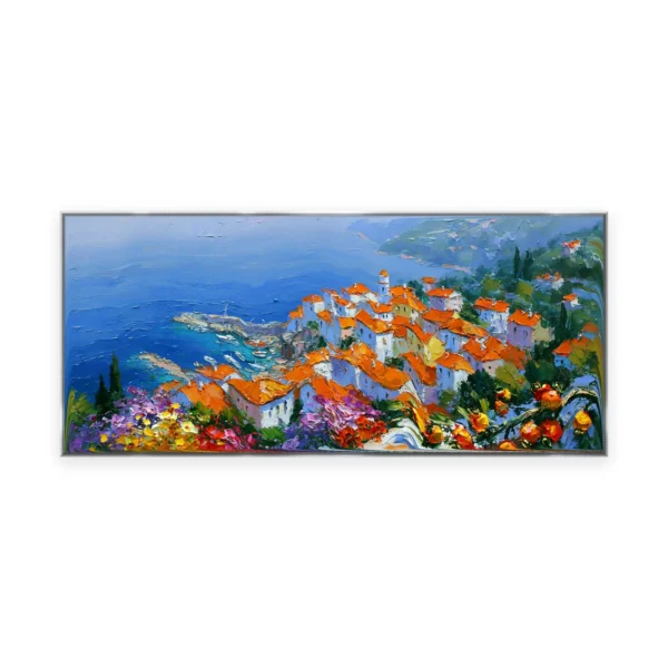 An oversized horizontal impressionist painting of an orange-roofed Mediterranean village descending a cliff to a deep blue sea, with orange citrus branches framing the scene in thick paint