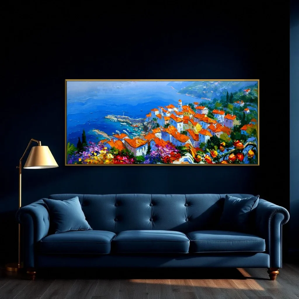 Terracotta village over a deep blue sea impressionist in a moody living room