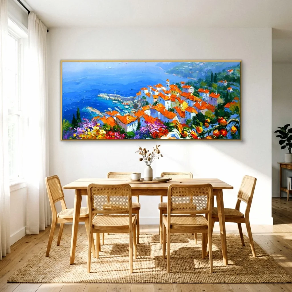 Terracotta village over a deep blue sea impressionist in a bright dining room