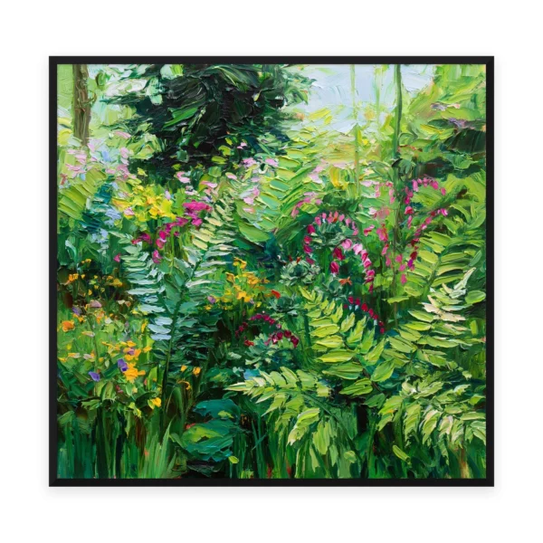 A large square impressionist painting of a lush green garden of ferns and wild foliage with small bright flowers, in layered green palette-knife strokes with dappled light through the leaves