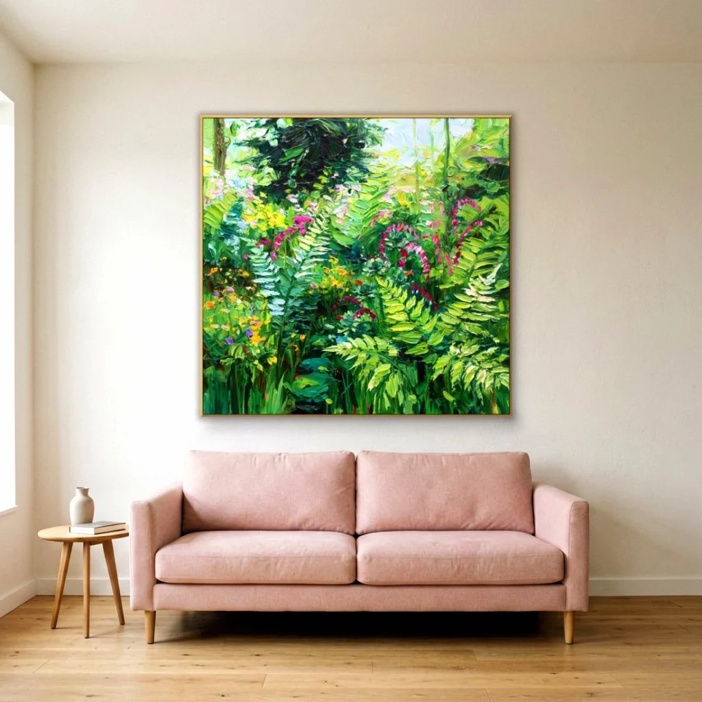 Lush green fern garden impressionist canvas in a living room