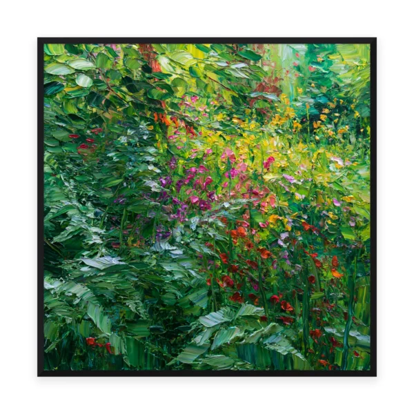 A large square impressionist painting of a lush green garden full of wildflowers and tall grasses, in lively layered palette-knife strokes scattering bright color through the foliage
