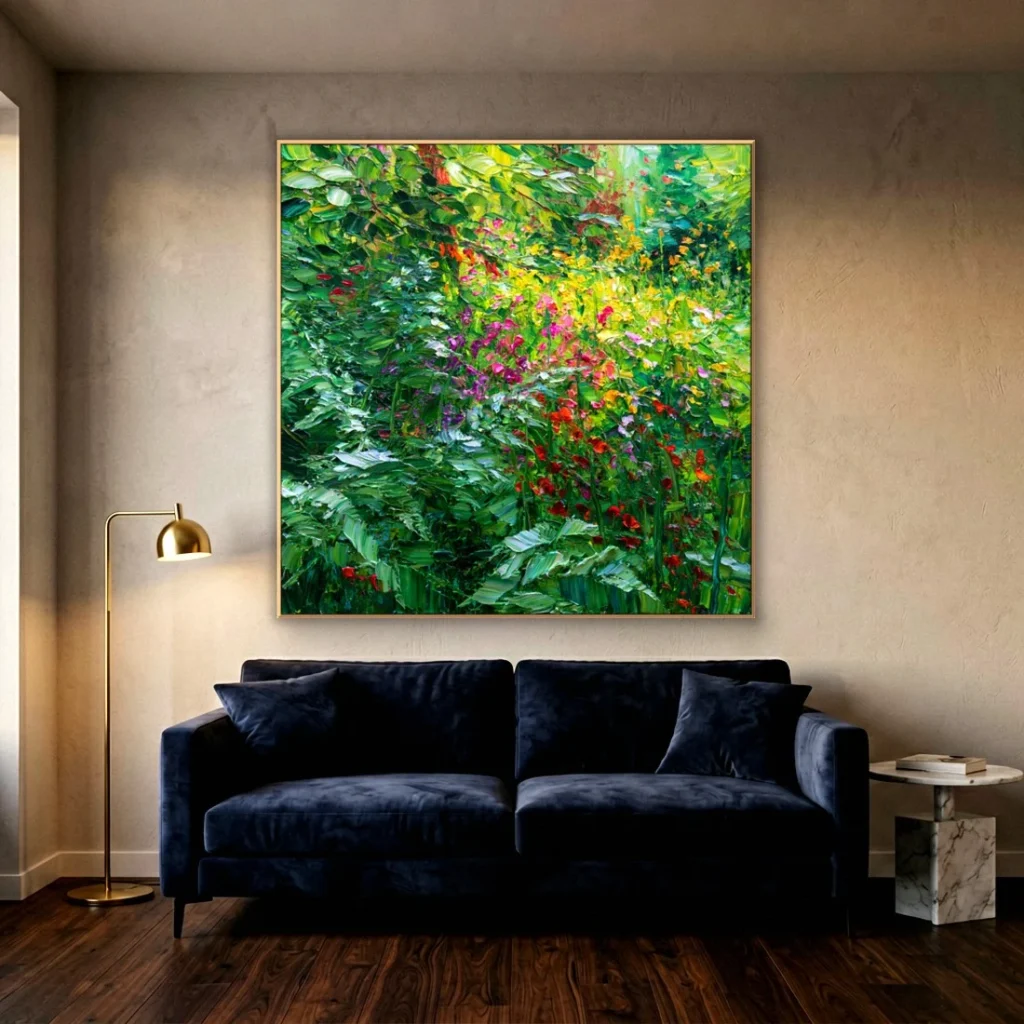 Lush wildflower garden impressionist canvas in a moody living room