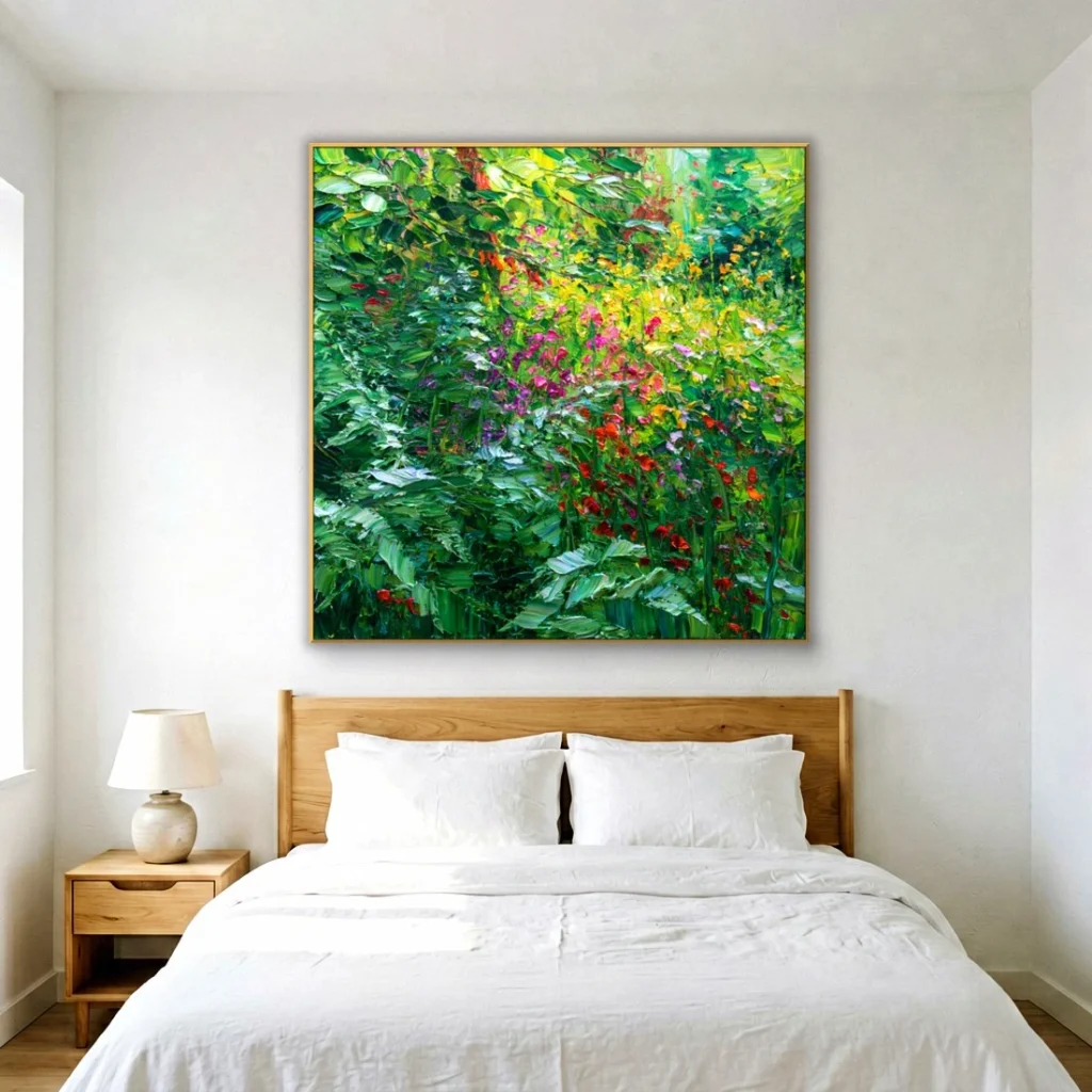 Lush wildflower garden impressionist canvas in a bright bedroom