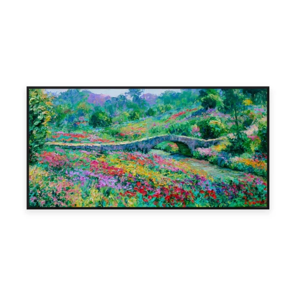 An oversized horizontal impressionist painting of a colorful wildflower meadow rolling back to green hills with a stone bridge, in lively palette-knife dabs of scattered color
