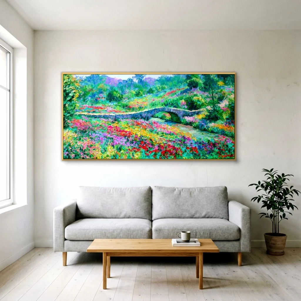 Colorful wildflower meadow impressionist canvas in a Scandinavian living room