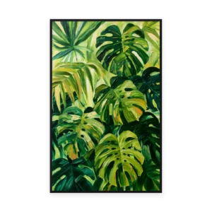 A tall vertical botanical painting of large layered monstera leaves in deep and bright greens, in bold palette-knife brushwork giving the tropical foliage a fresh sculptural look