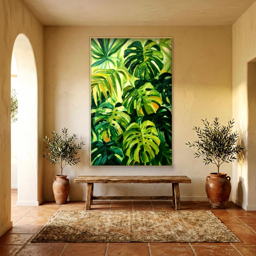 Lush monstera leaves botanical canvas in an elegant living room