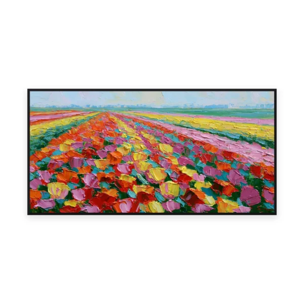 An oversized horizontal impressionist painting of rows of red, orange and yellow tulips stretching across a field to the horizon, in bright palette-knife dabs of receding color