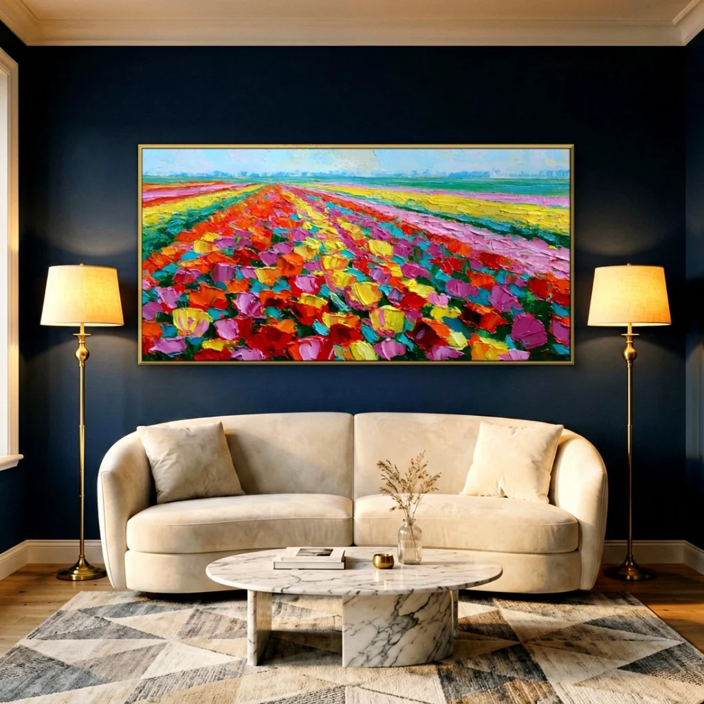 Colorful tulip field rows impressionist canvas in a moody living room