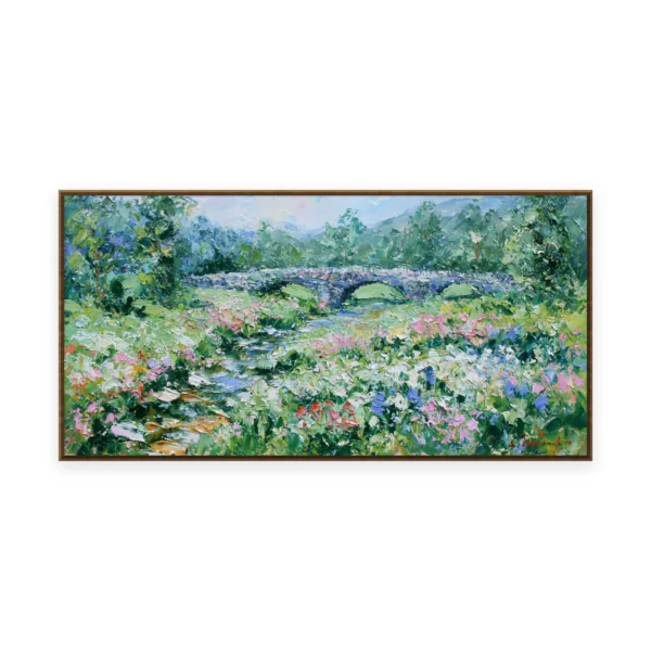 An oversized horizontal impressionist painting of a wildflower meadow rolling toward a stone bridge and hills, in soft palette-knife dabs of scattered color across the green fields