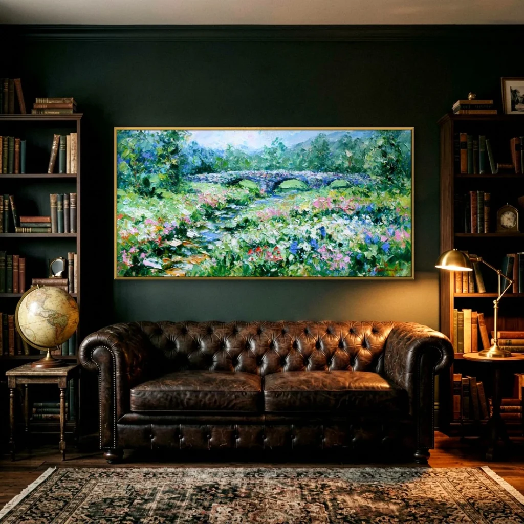 Wildflower meadow stone bridge impressionist in a moody living room