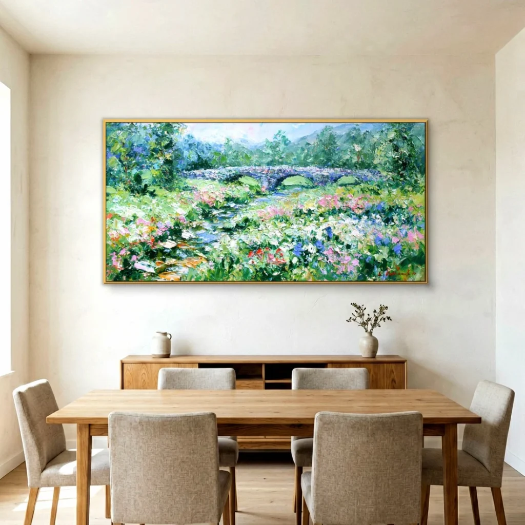 Wildflower meadow stone bridge impressionist in a bright dining room