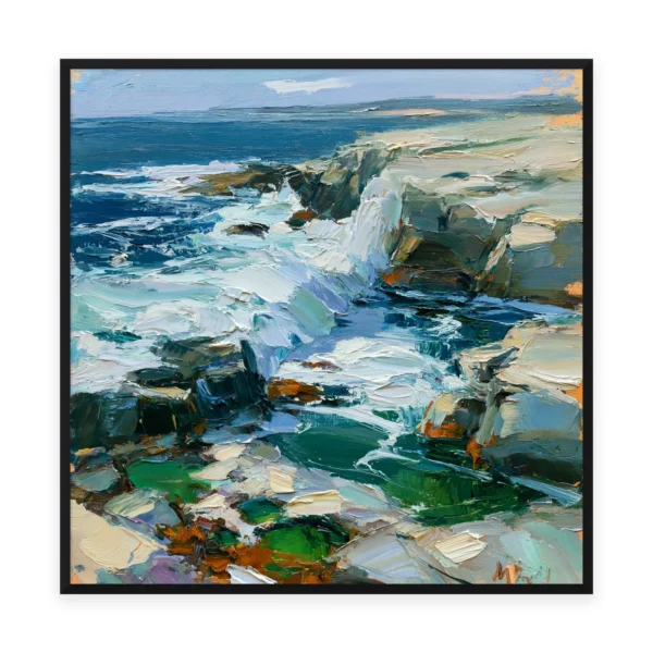 A large square impressionist painting of white surf crashing over green and grey coastal rocks below a deep blue sea, in thick palette-knife strokes catching the spray and foam